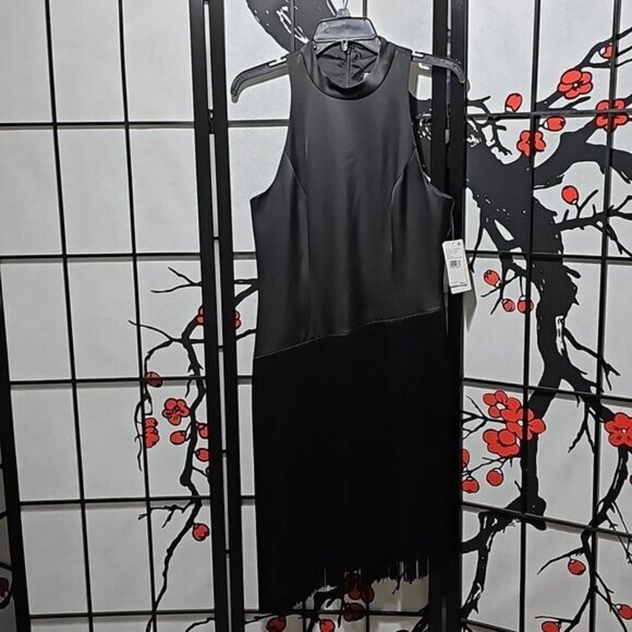 Liv Foster Mock Neck Sleeveless Midi Asymmetrical Fringe Crepe Dress Size 8 New - Picture 2 of 16